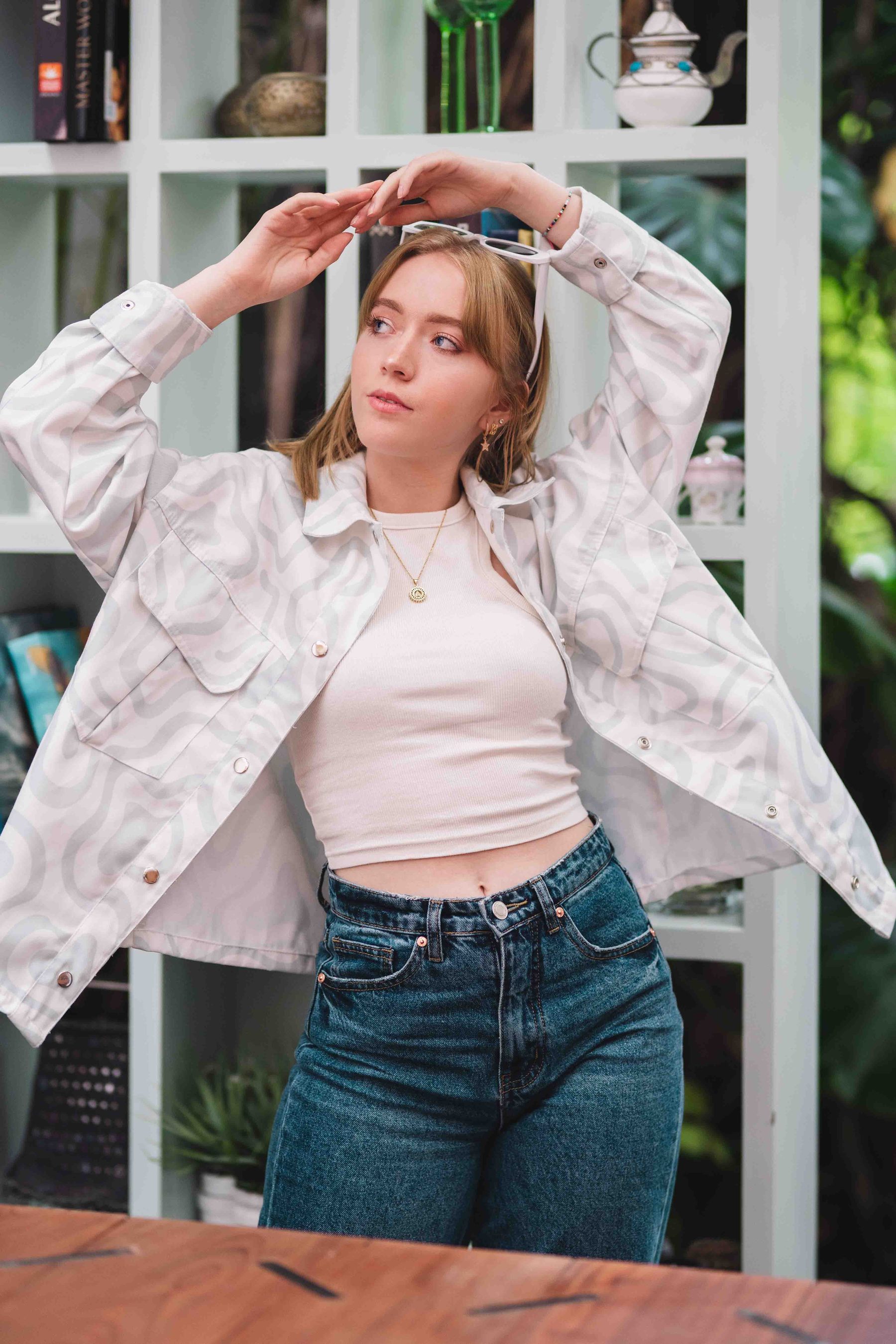 Model in an oversized white shirt