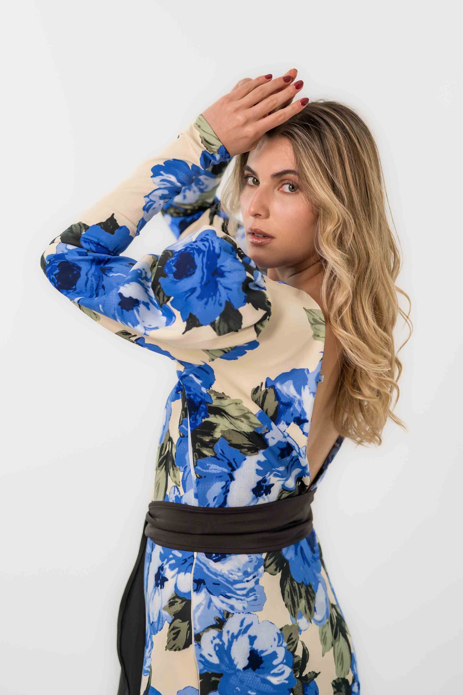 Model in blue floral