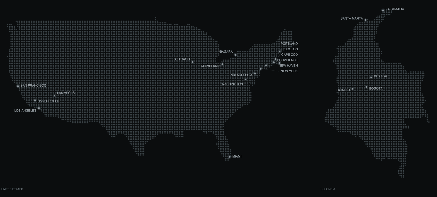 Dotted map of the Americas with the places photographed: San Francisco, Los Angeles, Chicago, Niagara, Boston, New York, Philadelphia, Washington, Miami, Santa Marta, La Guajira, Bogotá, Boyacá and Eje Cafetero