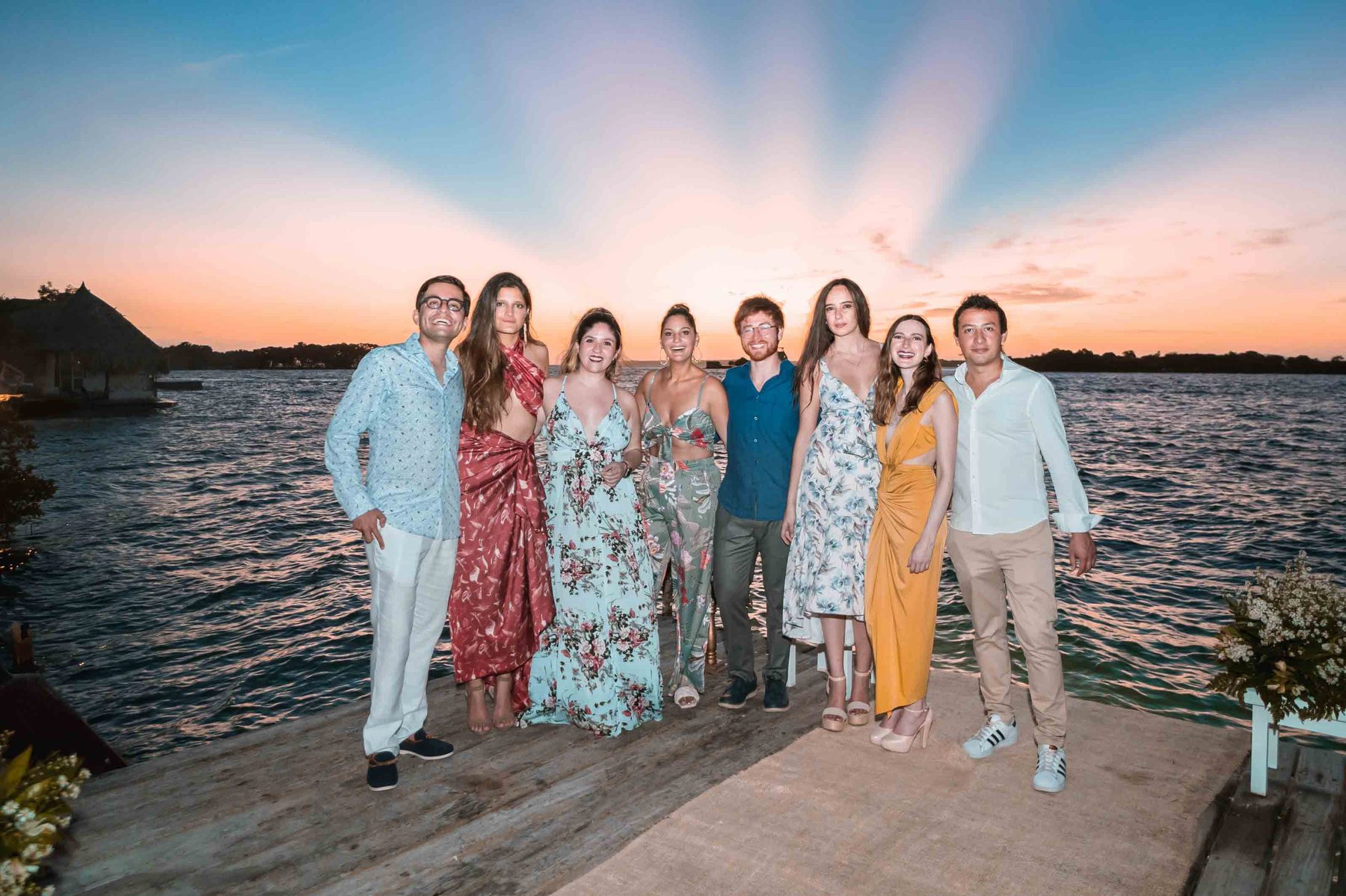 The wedding party at sunset